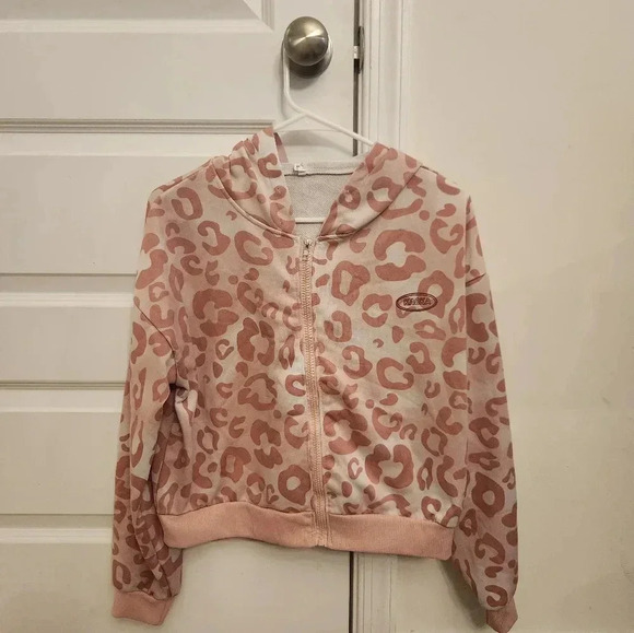 Women's Pink Leopard Zip Up Hoodie Sweatshirt Cropped Jacket Size L #R430 - Picture 1 of 5
